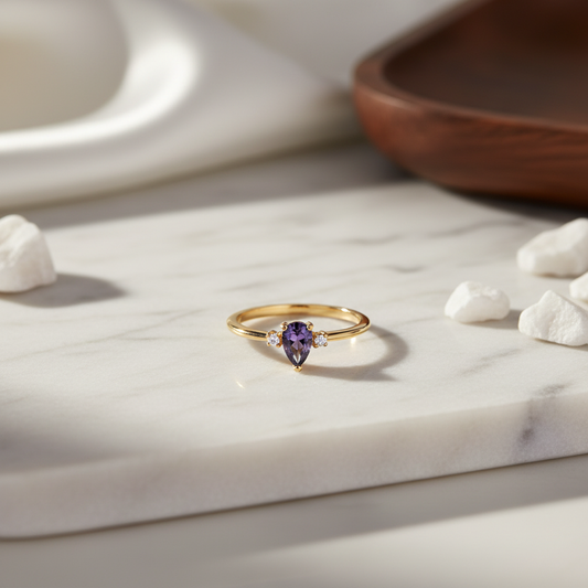 Amethyst Iolite  pear Ring - Marble